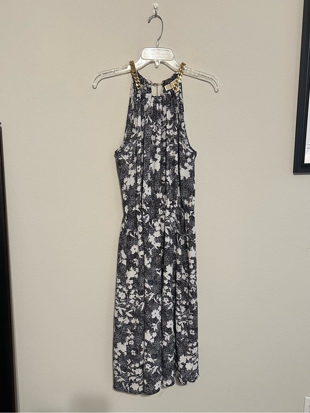 Michael Kors Black and White Floral Halter Midi Dress with Gold Chain